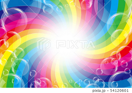 背景素材壁紙 イラスト 楽しいパーティー 虹色 渦巻き シャボン玉 放射光 輝き 無料 フリーサイズのイラスト素材