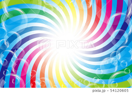 背景素材壁紙 イラスト 楽しいパーティー 虹色 渦巻き シャボン玉 放射光 輝き 無料 フリーサイズのイラスト素材