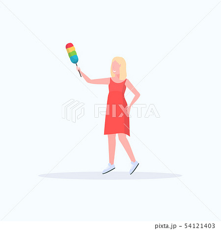 smiling housewife holding dust brush woman cleaner dusting cleaning service housework concept full smiling housewife holding dust brush woman cleaner dusting cleaning service housework concept full 54121403