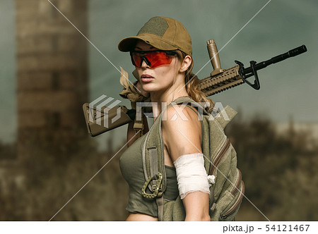 military girl with automatic rifle. Dooms day military girl with automatic rifle. Dooms day 54121467