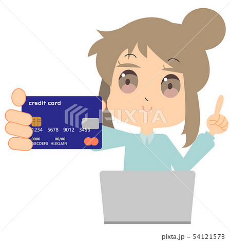 パソコンでクレジットカード決済する女性のイラストのイラスト素材