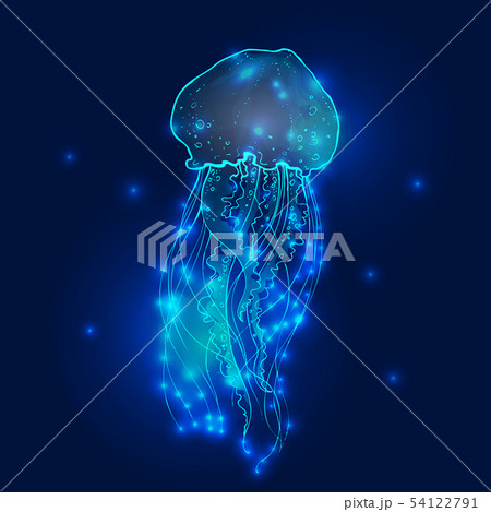 Transparent glowing neon blue and turquoise medusa blubber jellyfish set decorative background 54122791