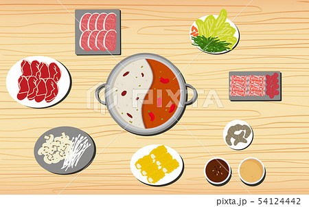 Hotpot and ingredients on the wooden table 54124442