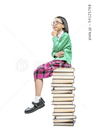 Asian cute girl with glasses think while sitting 54125768