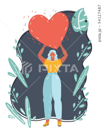 Woman with red heart on dark. 54127487