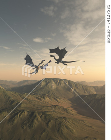 Friendly Dragon Companions Flying over a Mountain Friendly Dragon Companions Flying over a Mountain 54127581