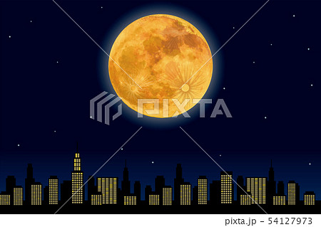 都市の夜景とスーパームーン 満月 のイラスト Super Moon ベクターデータ 背景イラストのイラスト素材