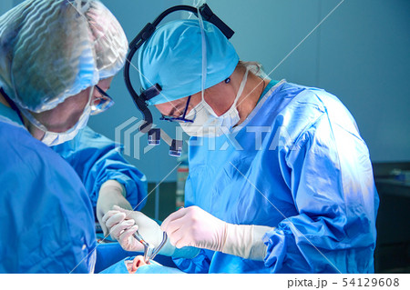 Surgeon and his assistant performing cosmetic surgery in hospital operating room. Surgeon in mask 54129608