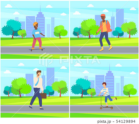 Kid Skateboarding in City Park, People Walking 54129894