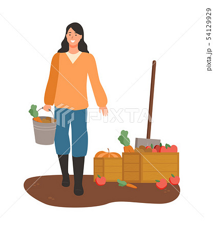 Woman Carrying Carrots in Bucket, Box with Veggies Woman Carrying Carrots in Bucket, Box with Veggies 54129929