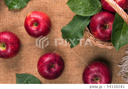 Close up of wet red apples with green leaves 54130281