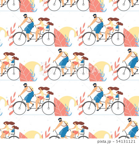 Flat Seamless Pattern with Family on Tandem Bike 54131121