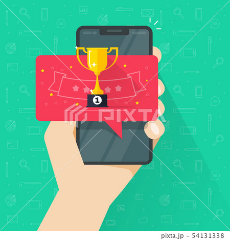 Winner award cup on mobile phone vector illustration, flat cartoon champion prize or achievement on 54131338