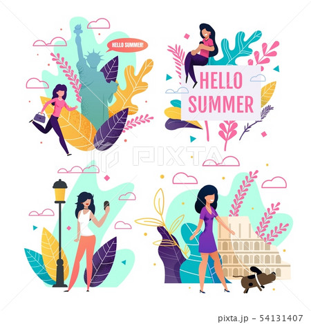Travelling Cards Set with Cartoon Female Tourist Travelling Cards Set with Cartoon Female Tourist 54131407