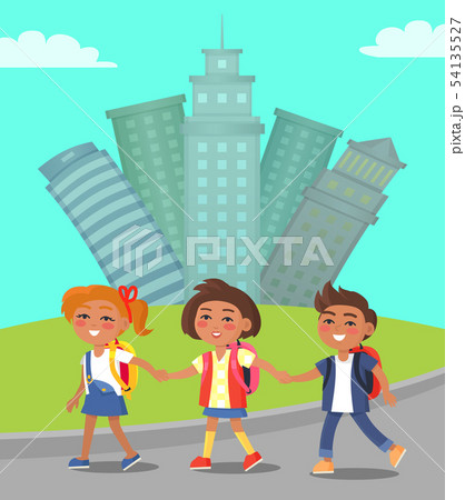 Children Walking in City Cityscape with Skyscrapers 54135527