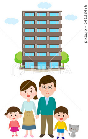 マンションの前で笑顔の家族 イラストのイラスト素材 マンションの前で笑顔の家族 イラストのイラスト素材
