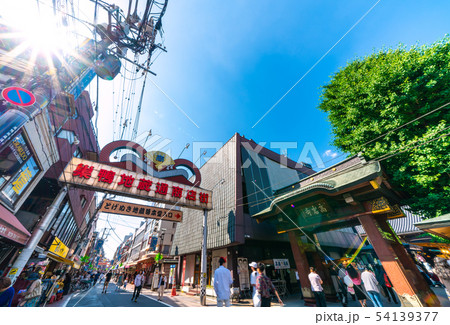 日本の東京都市景観 太陽光に映える巣鴨地蔵通商店街や高岩寺 とげぬき地蔵尊 などを望むの写真素材