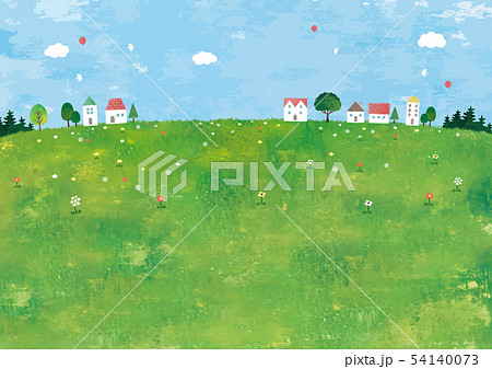 草原と家と木の景色のイラスト素材