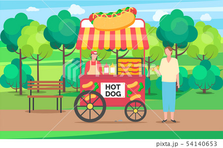 Hot Dog Trailer, Seller Talking to Client Park 54140653