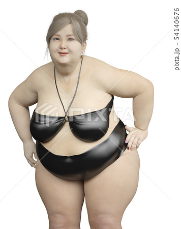 屈むポーズをとるプラスサイズモデルの水着女性のイラスト素材