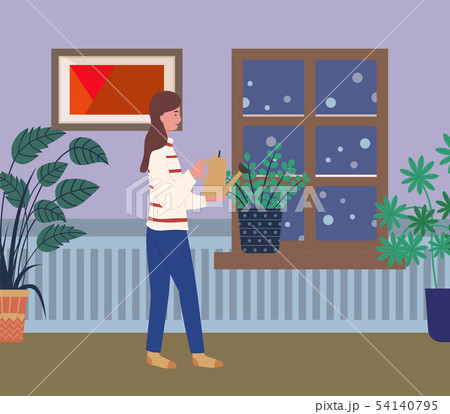 Woman at Home Caring for Plants Watering Flora 54140795
