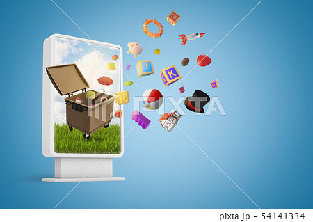 3d rendering of small billboard with trash bin and random items flying out on blue background 3d rendering of small billboard with trash bin and random items flying out on blue background 54141334