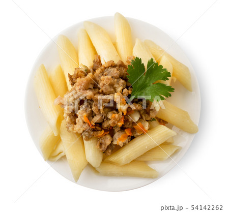 Pasta with minced meat in a plate, on a white Pasta with minced meat in a plate, on a white 54142262