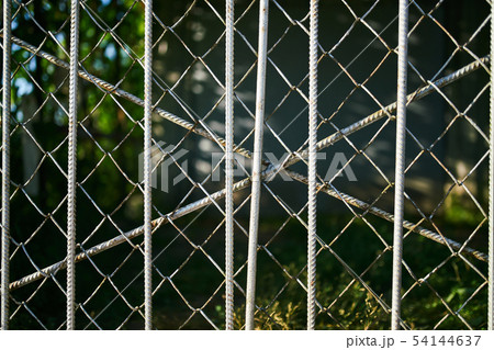 Green backgdefocused behind grey rusty grid 54144637