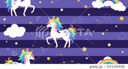 Vector background with unicorns, rainbow, constellations and other elements. 54149406