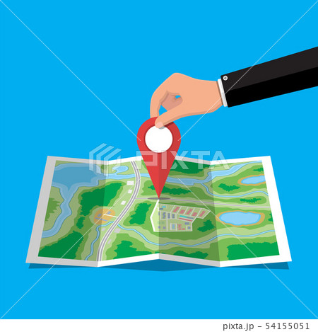 Location pin in hand and paper map. 54155051