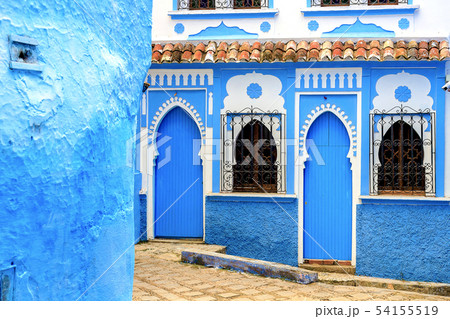 Chefchaouen, a city with blue painted houses. A Chefchaouen, a city with blue painted houses. A 54155519