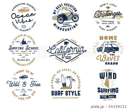 Vintage Surfing Graphics Set and Emblems for web design or print. Surfer logo templates. Surf Badges 54159151