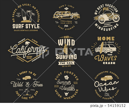 Vintage Surfing Graphics Set and Emblems for web design or print. Surfer logo templates. Surf Badges 54159152