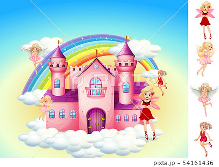 Set Of Fairies In Sky Castleのイラスト素材
