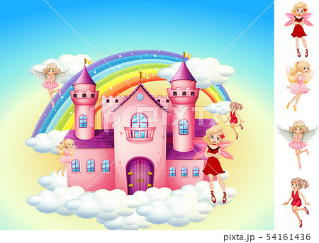 Set Of Fairies In Sky Castle Stock Illustration