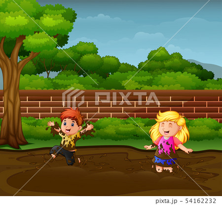 Happy kids playing in the mud 54162232