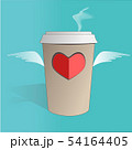 Illustration of flying paper coffee cup with heart and wings on blue background. Valentines day card 54164405