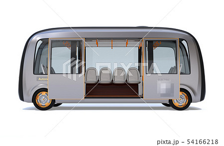 白バックにドアが開いている自動運転バスの側面イメージのイラスト素材