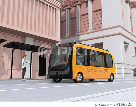 バス停にスマホでライドシェアをリクエストして迎えに来た自動運転バスのイメージ 54166226