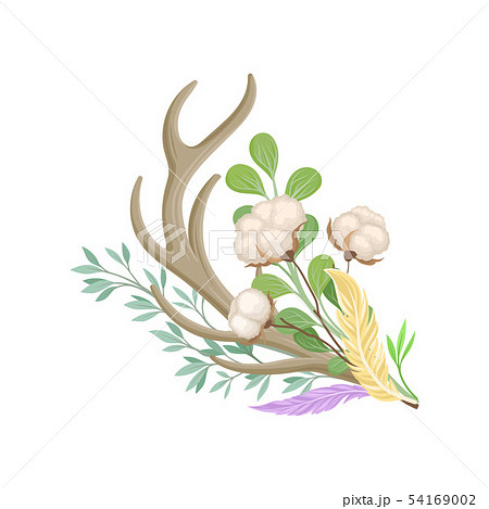 Composition of one deer antler, cotton and twigs. Vector illustration on white background. 54169002