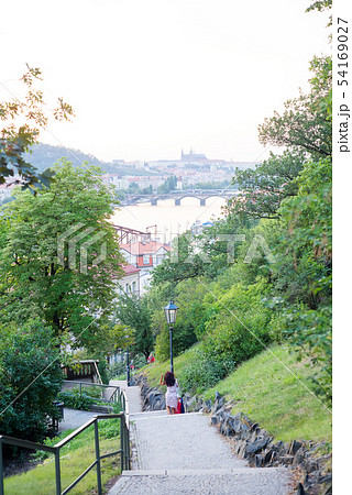 Old stone staircase in a park or forest overlooking the Vltava in Prague, Czech Republic 54169027