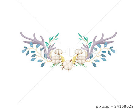 Two wide antlers and cotton flowers. Vector illustration on white background. 54169028