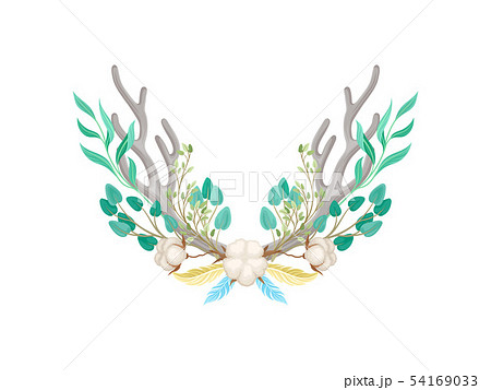 Two deer antlers decorated with cotton. Vector illustration on white background. 54169033