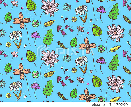 Bright blue floral pattern with doodle flowersのイラスト素材 [54170290] - PIXTA
