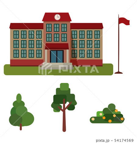 Building high school, public building, administration with flag tree,spruce, bush isolated on white Building high school, public building, administration with flag tree,spruce, bush isolated on white 54174569