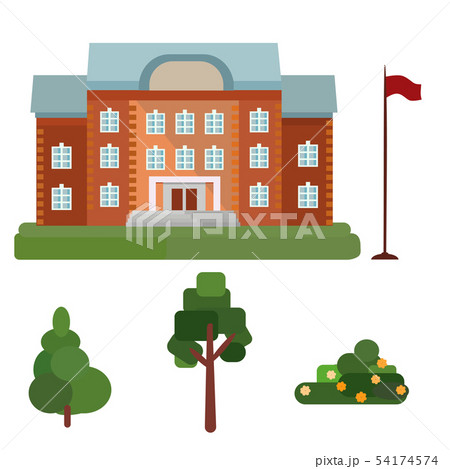 Building high school, public building, administration with flag tree,spruce, bush isolated on white 54174574