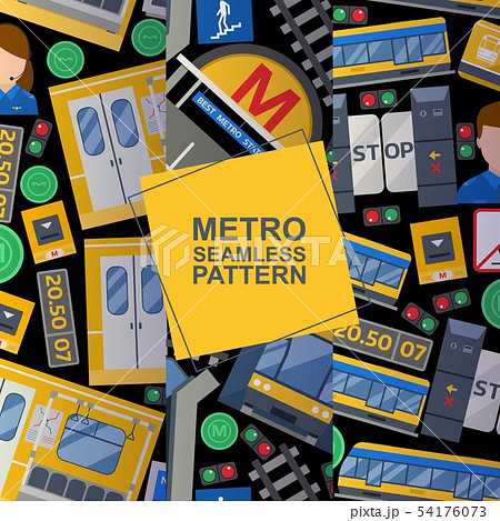 Metro station elements set of seamless patterns background including train, platform, ticket, driver 54176073