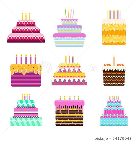 Set of bright birthday cake. Fruit and chocolate sweet pastries. Set of bright birthday cake. Fruit and chocolate sweet pastries. 54179043