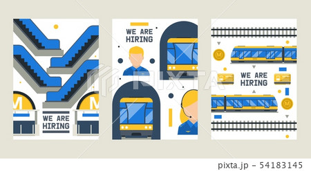 We are hiring set of cards, posters vector illustration. Metro station elements including train 54183145