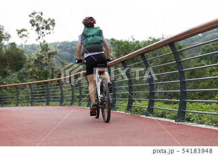 Woman cyclist riding Mountain Bike on forest trail Woman cyclist riding Mountain Bike on forest trail 54183948